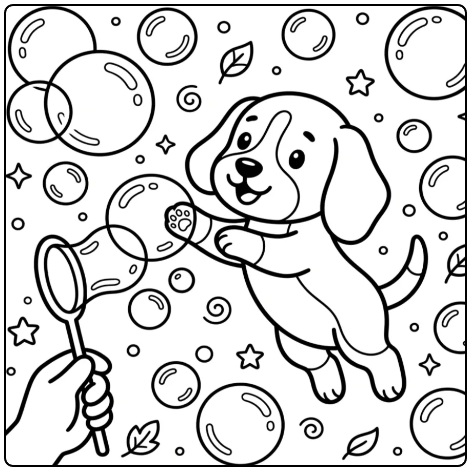 A playful puppy chasing shiny bubbles on a fun Beagle Coloring Page.