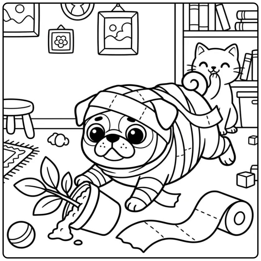 A clumsy pug mummy on a Funny Pug Coloring Page with a cat.