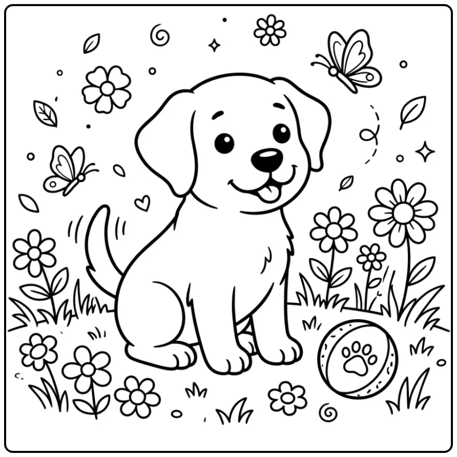 A happy puppy with a ball on an Easy Labrador Coloring Page.