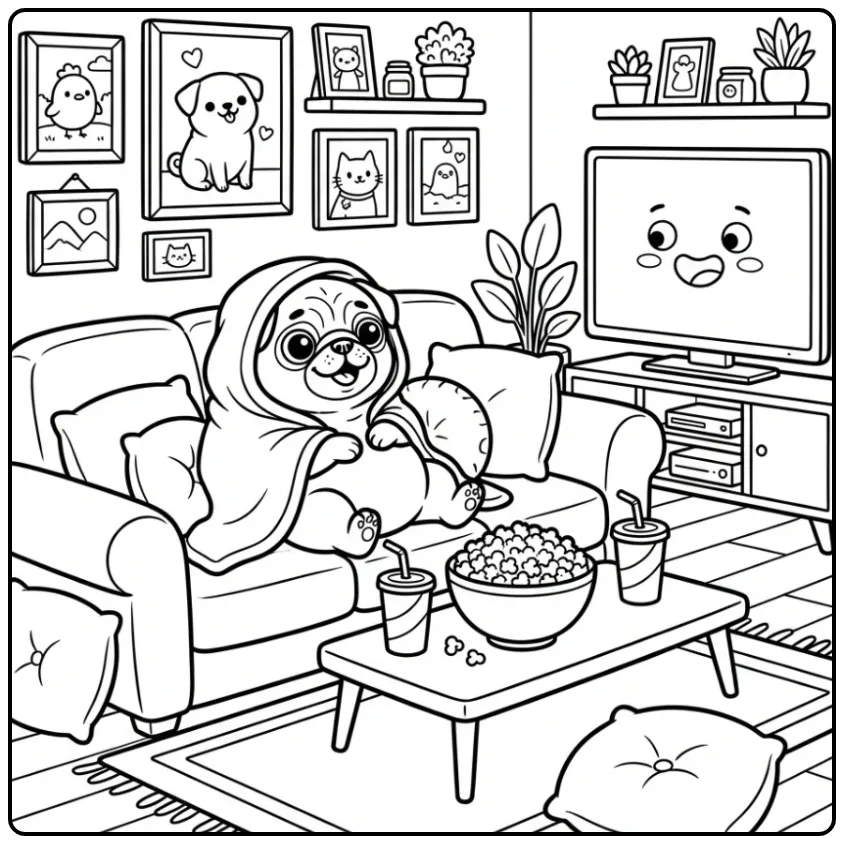 A comfy movie night with the Doug The Pug Coloring Page.