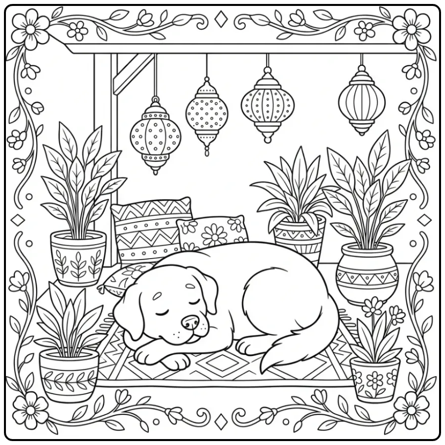 A serene porch scene Labrador Coloring Page For Adults.