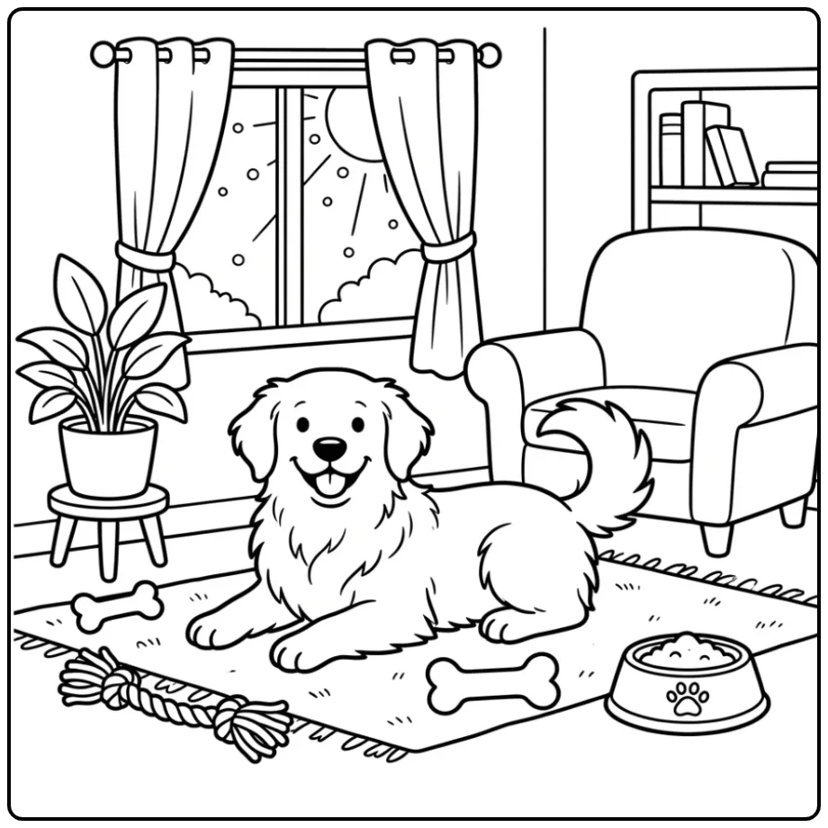 A happy dog on a living room rug; Cute Golden Retriever Coloring Page.