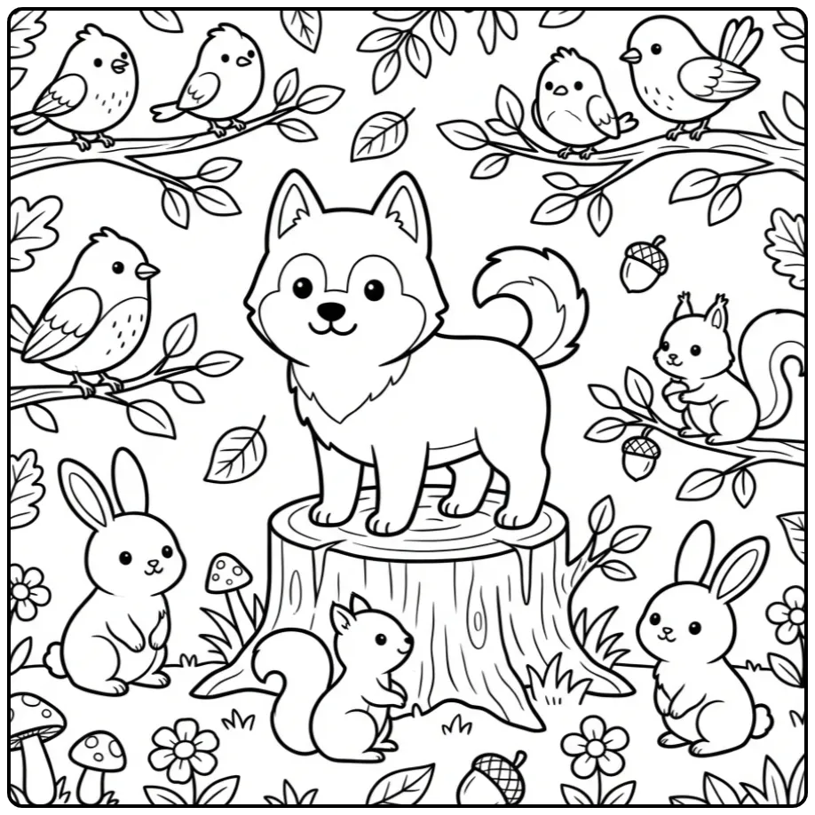 A friendly cartoon Husky Coloring Page with forest friends.