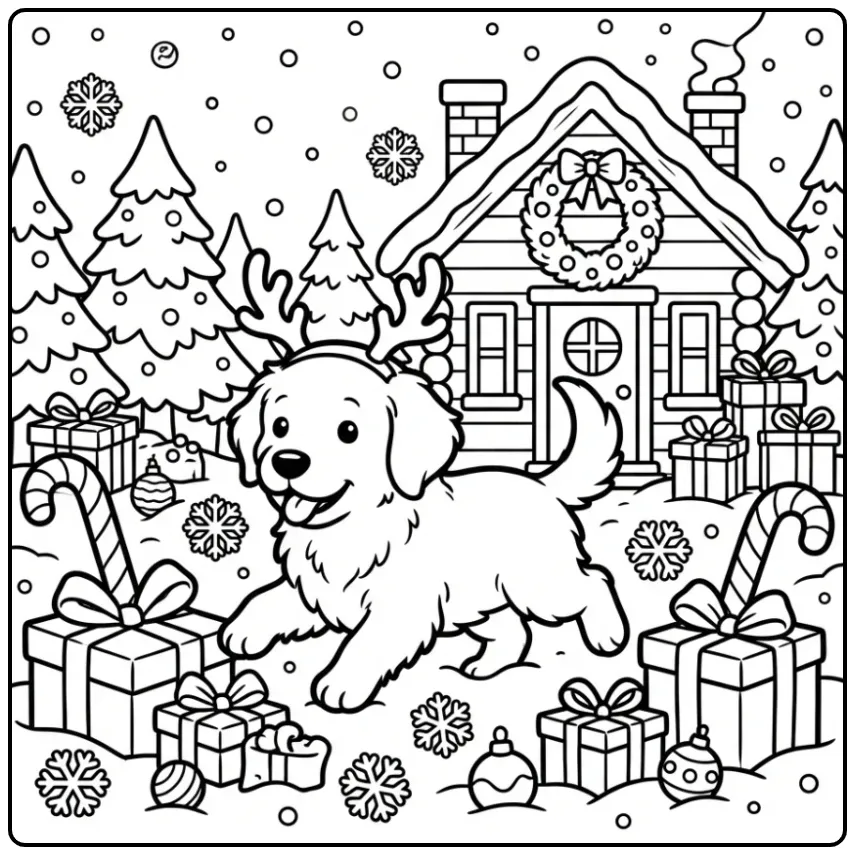 A festive Christmas Golden Retriever Coloring Page with a puppy.