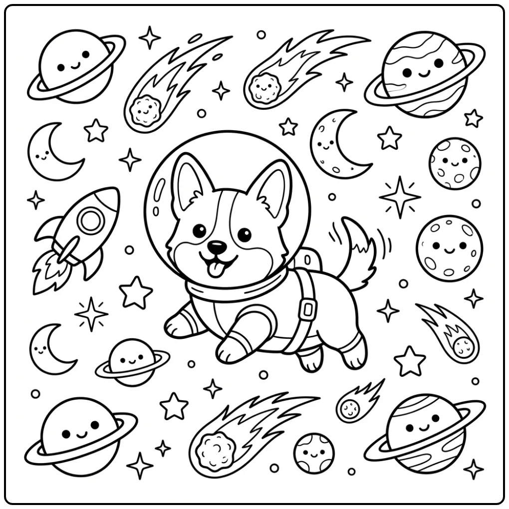An adorable astronaut Corgi Coloring Page floating in space.