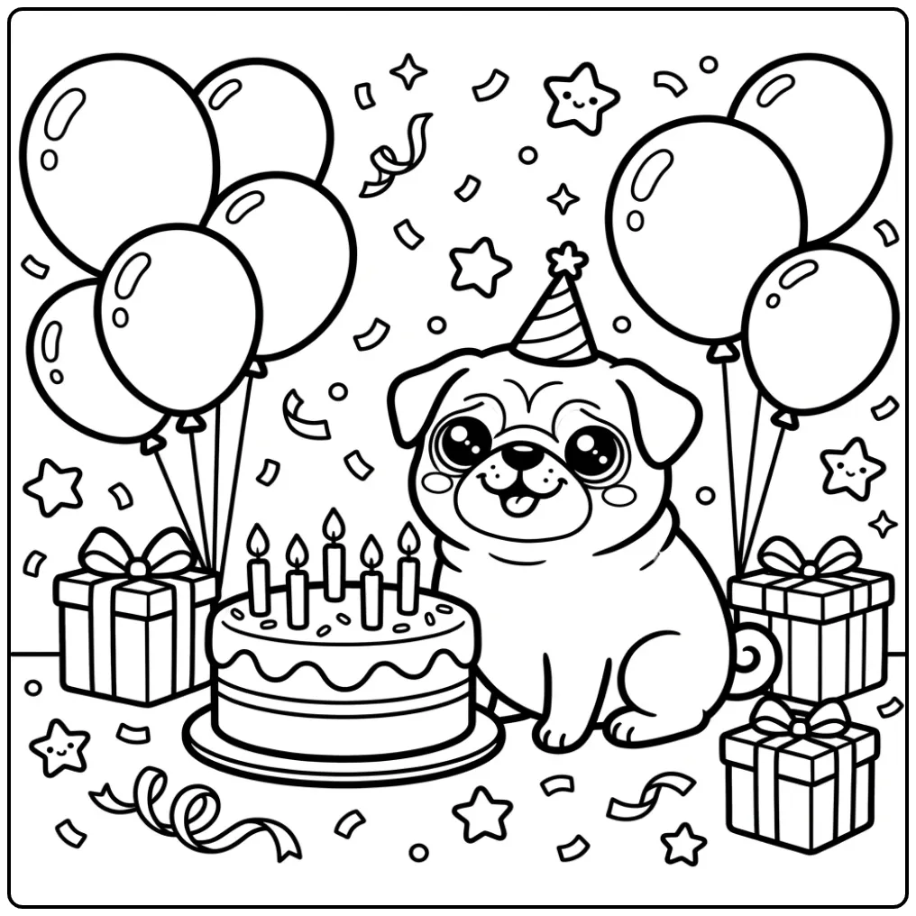 A cute birthday party Kawaii Pug Coloring Page for kids.