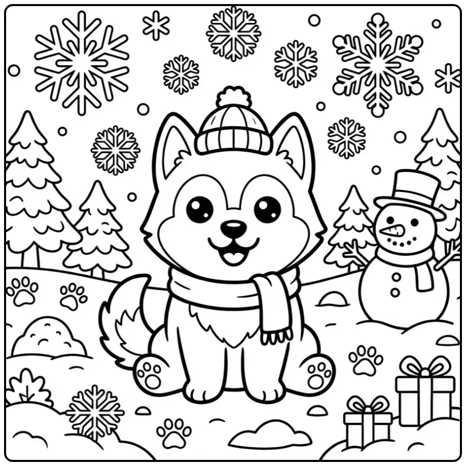 A winter wonderland Cute Husky Coloring Page with a snowman.