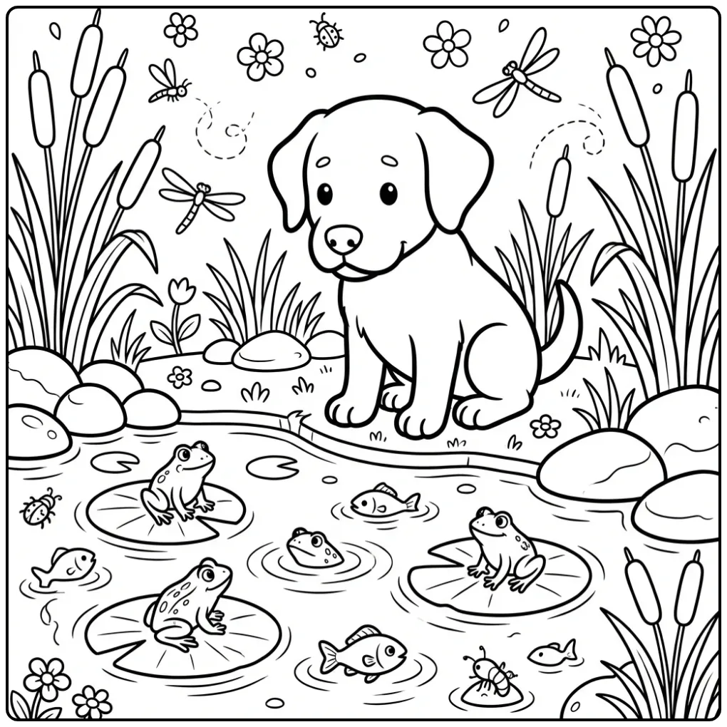 A cute puppy by a pond with frogs Chocolate Lab Coloring Page.