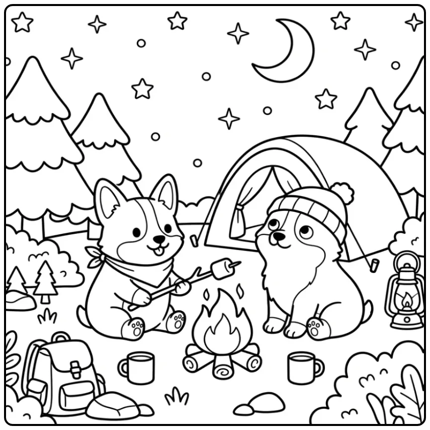 Two cute corgis roasting marshmallows for a Corgi Coloring Page.