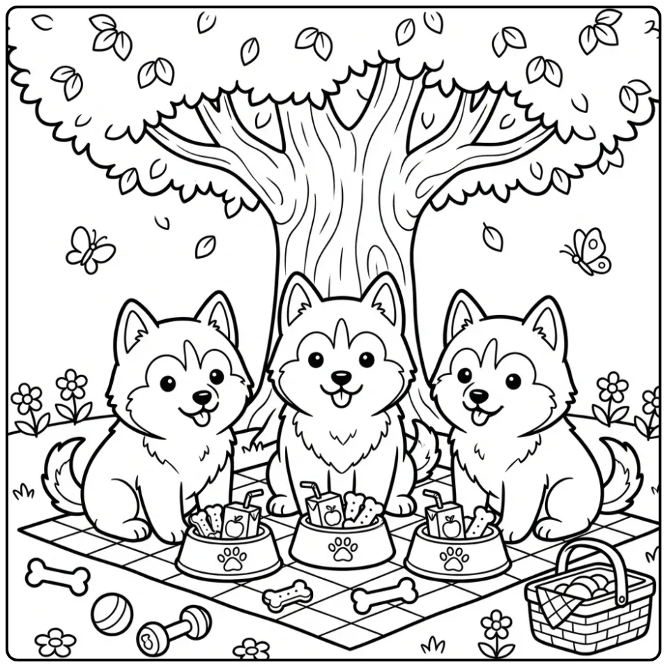 Three cute puppies under a big tree for this Husky Coloring Page.