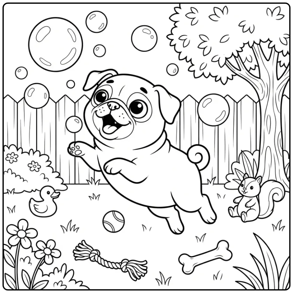 A cute Pug Puppy Coloring Page showing a dog chasing bubbles.