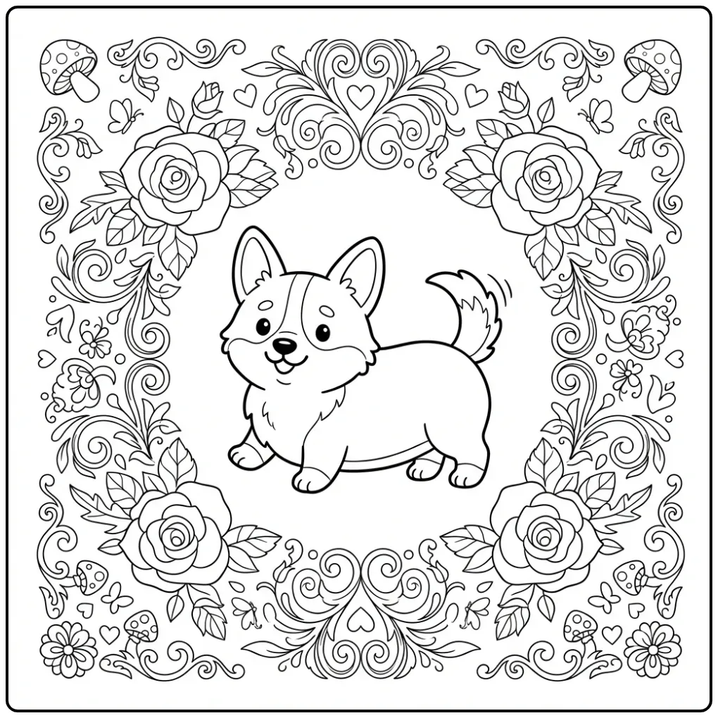A delightful Corgi Coloring Page For Adults inside a floral frame.