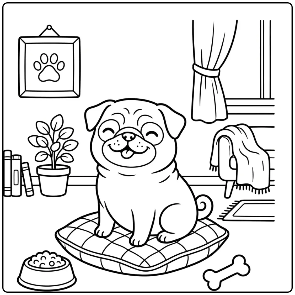 A cute pug in a cozy room: an Easy Pug Coloring Page for kids.