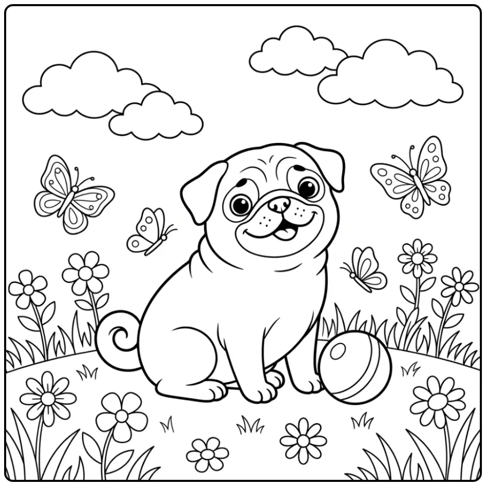 A cute cartoon dog sits by a ball on this Easy Pug Coloring Page.
