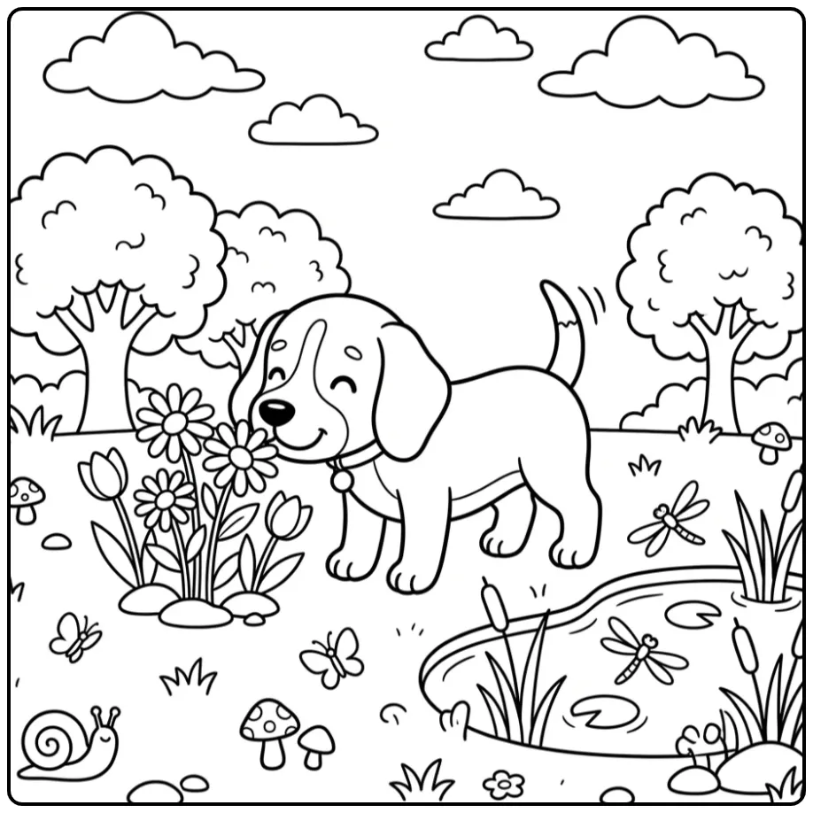 A cute Beagle In The Park Coloring Page sniffing flowers.