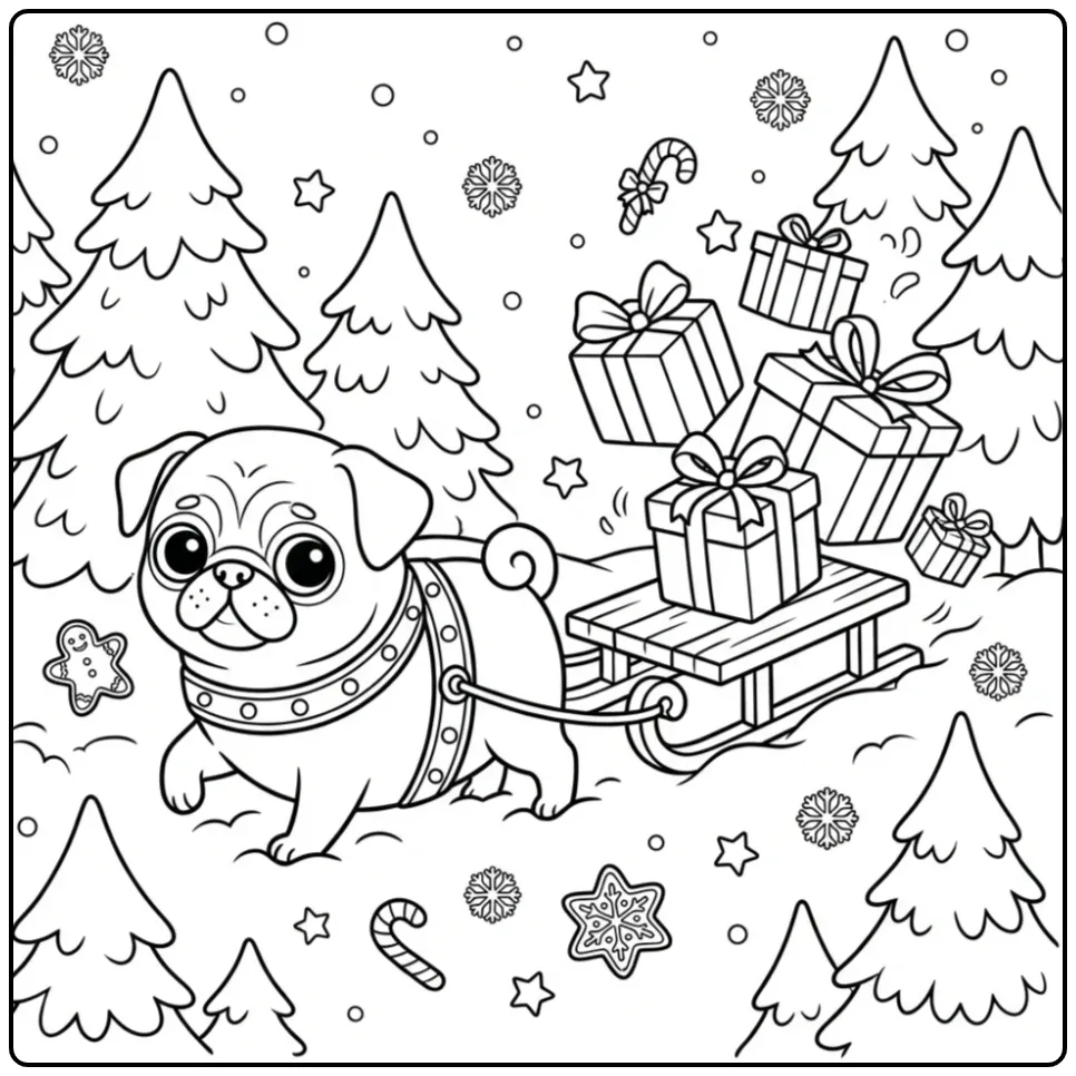 An adorable cartoon Christmas Pug Coloring Page with a winter scene.