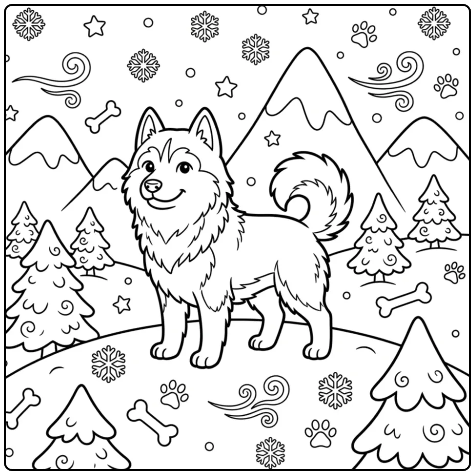 A proud dog on a snowy hill: a Realistic Husky Coloring Page.