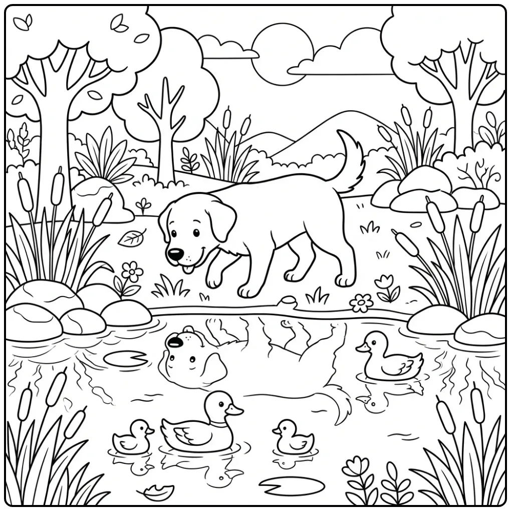 A dog by a lake with ducks, a Labrador Realistic Dog Coloring Page.