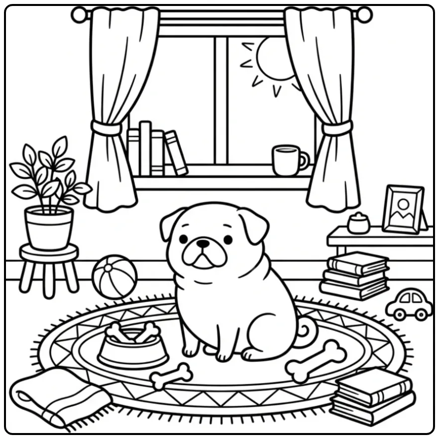 A cute Realistic Pug Coloring Page of a calm pet in a room.