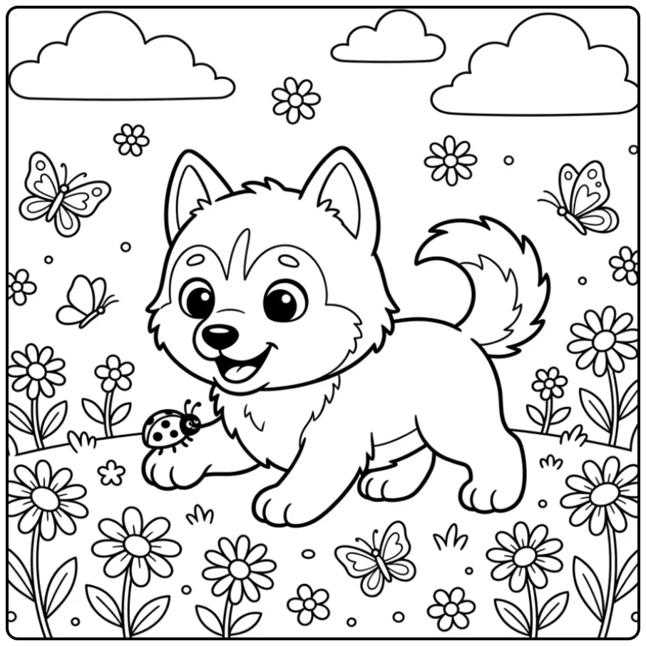 A cute puppy with a ladybug on its paw, a Baby Husky Coloring Page.