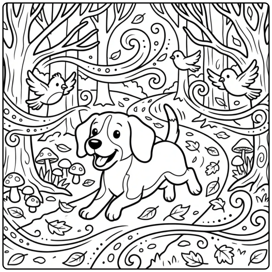 A joyful cartoon Detailed Beagle Coloring Page in an autumn forest.