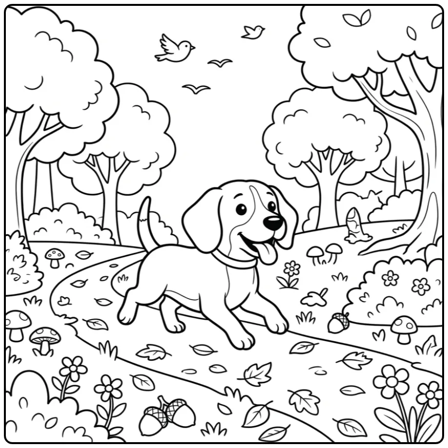 A happy dog running on a trail Realistic Beagle Coloring Page.