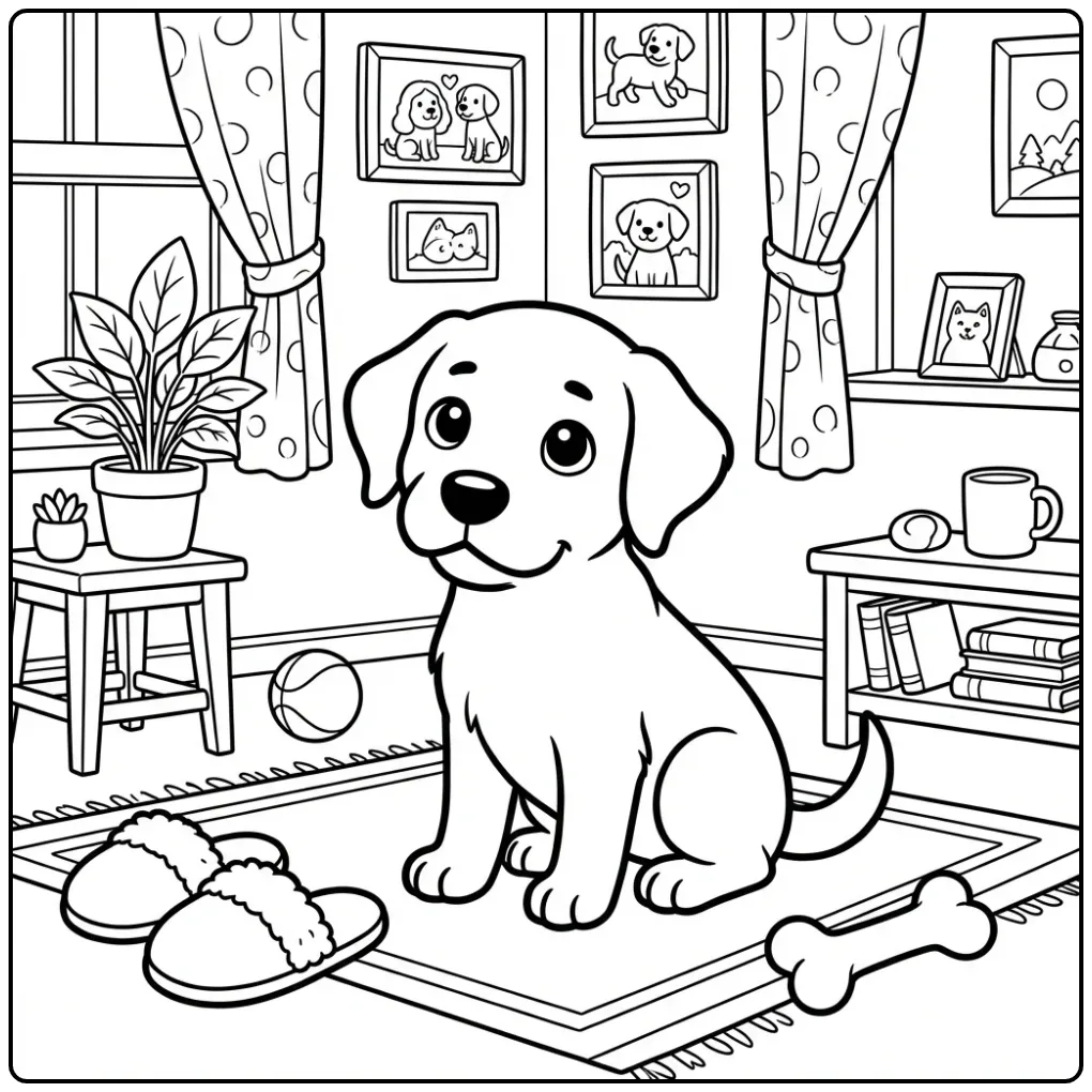 A charming Black Lab Coloring Page of a puppy in a cozy room.