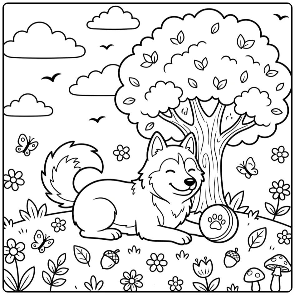A friendly dog resting under a tree in this Easy Husky Coloring Page.