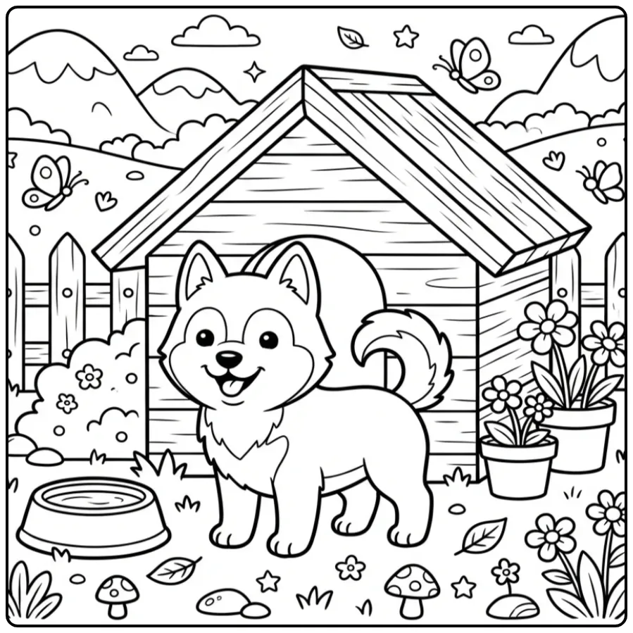 A happy puppy by its doghouse: Easy Husky Coloring Page.