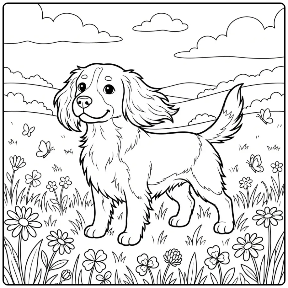 A cute Realistic Beagle Coloring Page with butterflies and hills.
