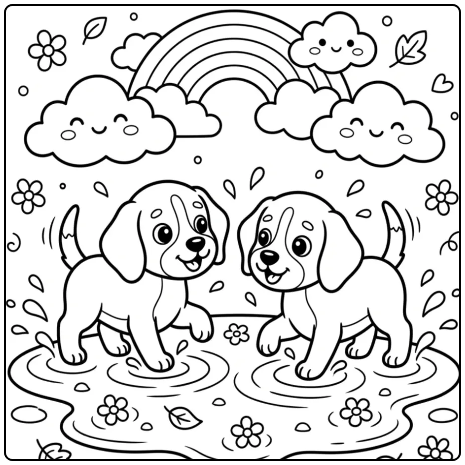 Two happy puppies splashing in a Beagle Coloring Page For Kids.