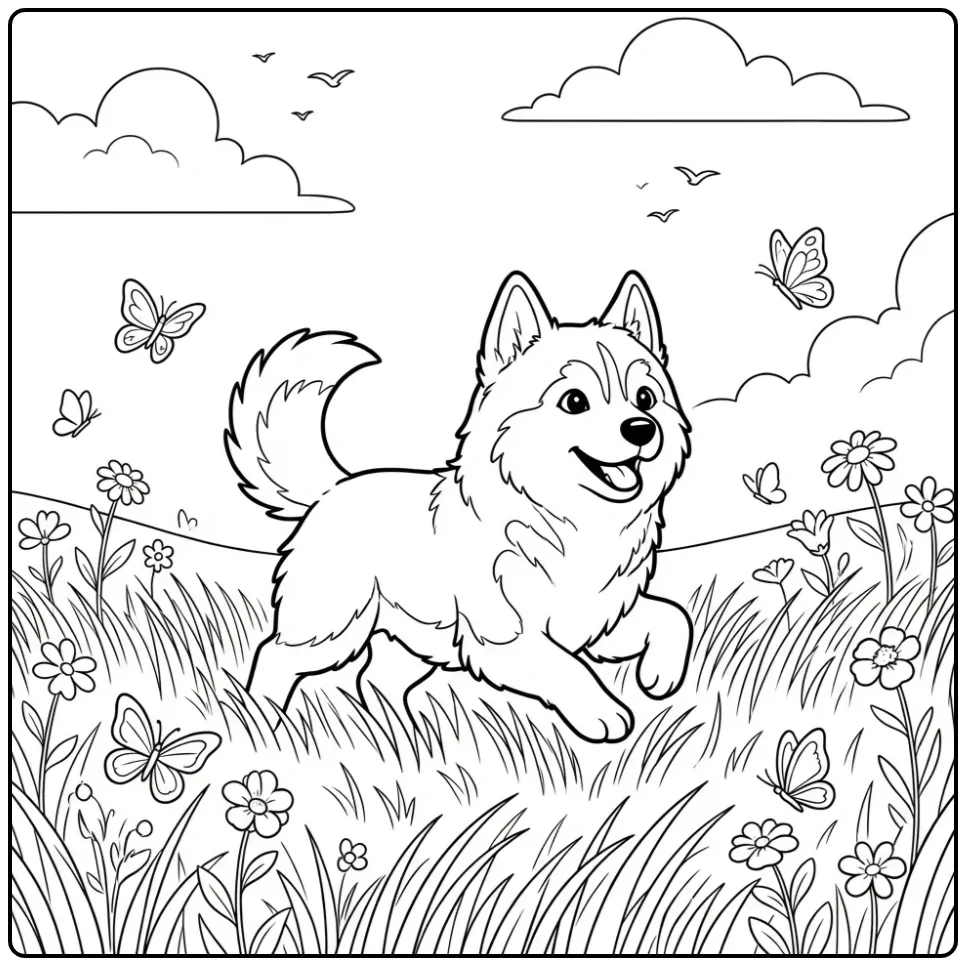 A joyful Realistic Husky Coloring Page with butterflies.