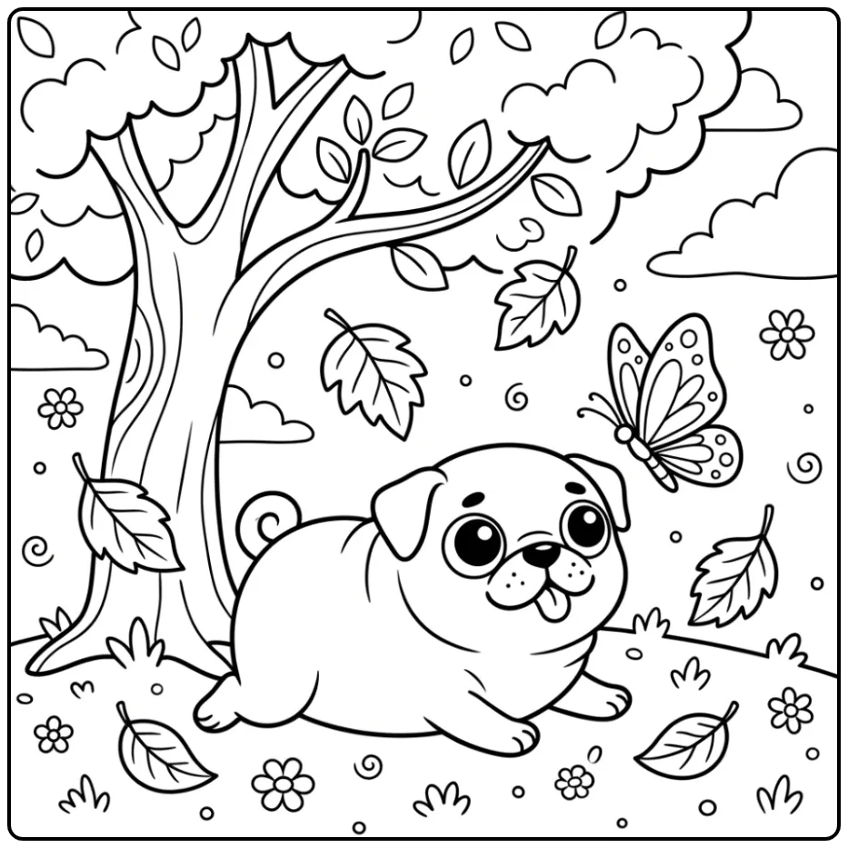 A happy dog with its tongue out on an Easy Pug Coloring Page.