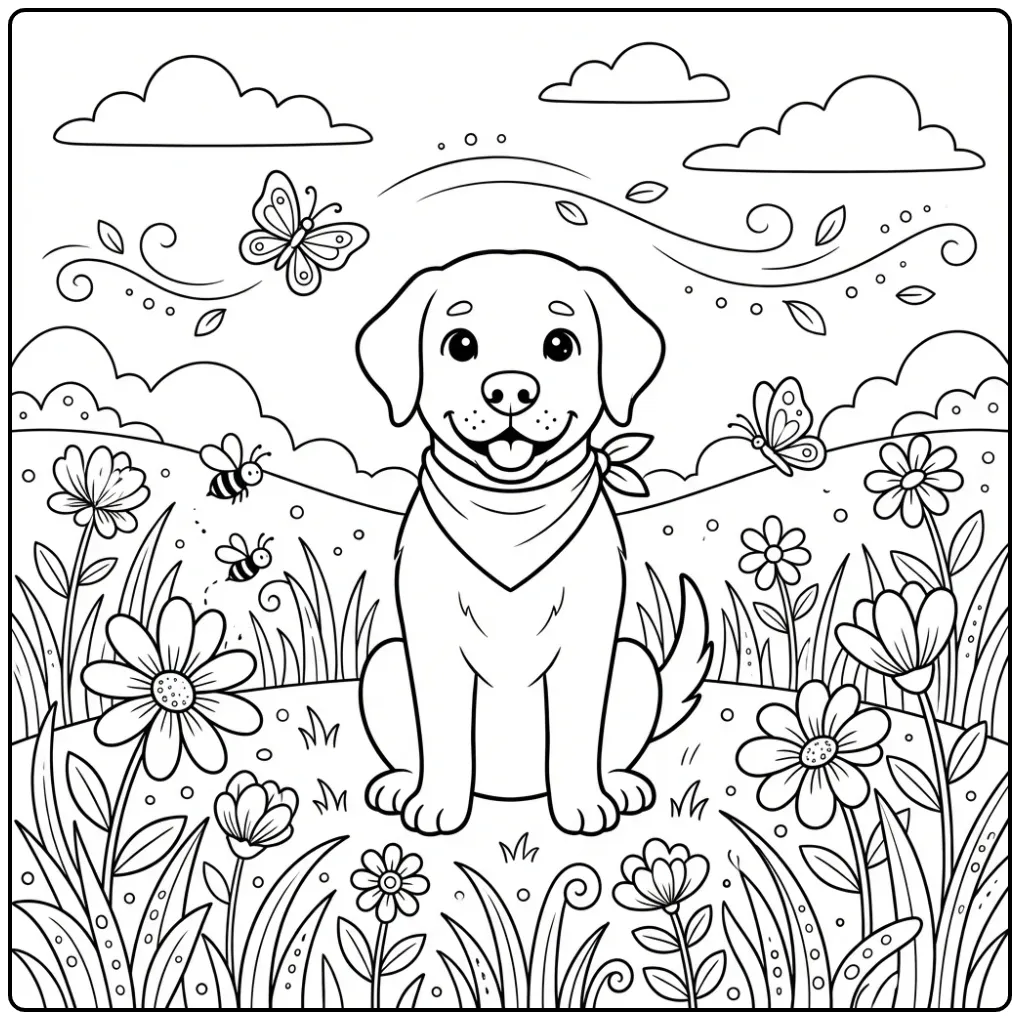 Proud dog in a wildflower field for a Labrador Realistic Dog Coloring Page.