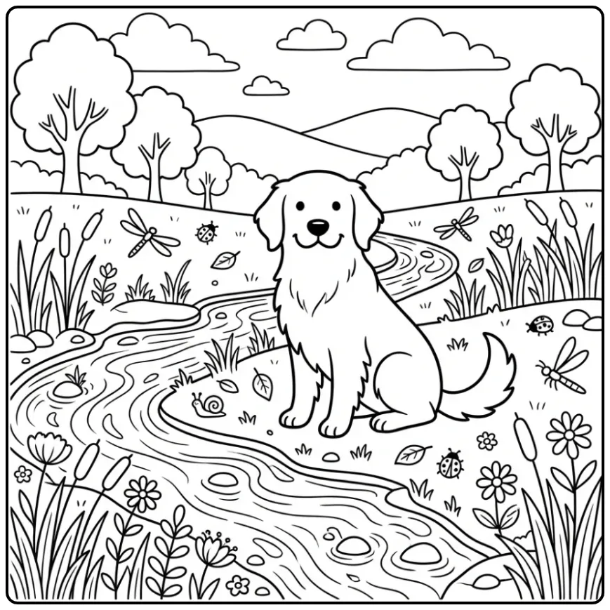 A happy dog sits by a stream on a Detailed Golden Retriever Coloring Page.