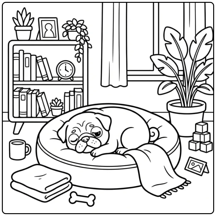 A cute cartoon Pug Coloring Page showing a dog in a comfy bed.