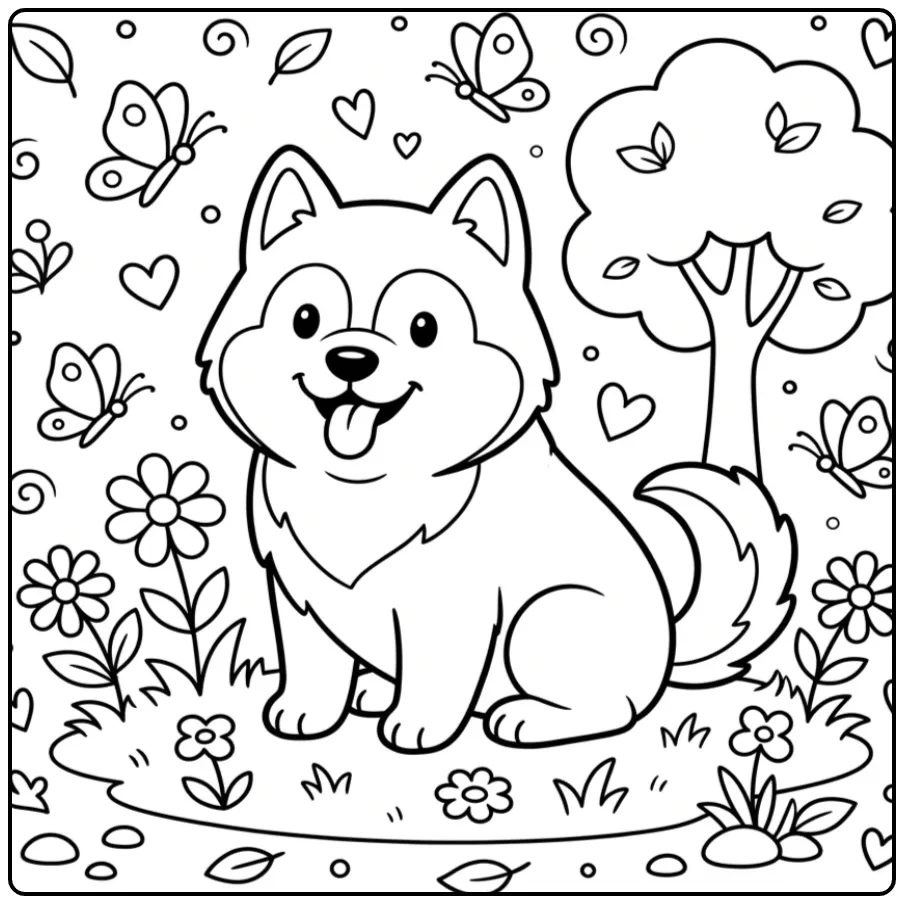 A friendly cartoon Easy Husky Coloring Page with flowers.