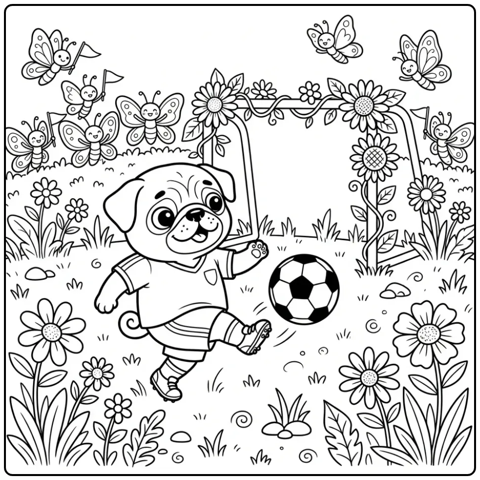 A sporty dog kicking a soccer ball for a Pug Coloring Page.