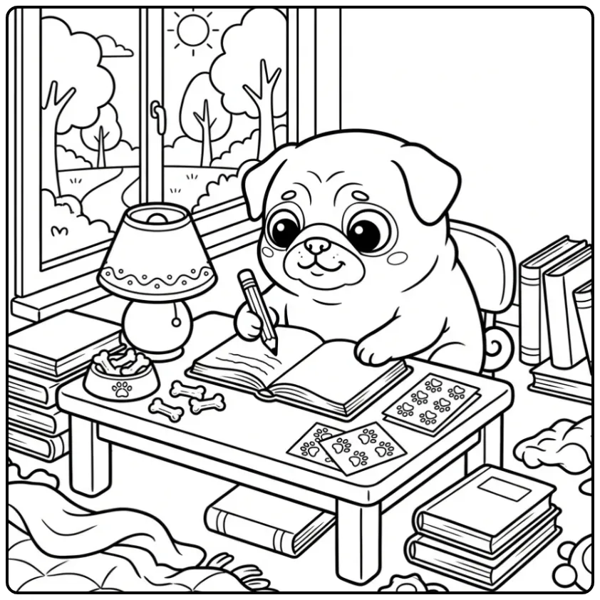 Cartoon pug writing in his journal, Diary Of A Pug Coloring Page.