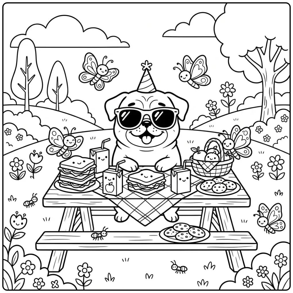 A cool Doug The Pug Coloring Page with sunglasses at a picnic.