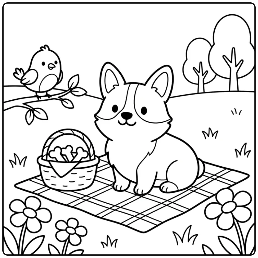 A happy pup on a picnic blanket: an Easy Corgi Coloring Page.
