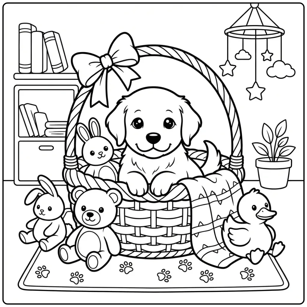 A cute Baby Golden Retriever Coloring Page in a cozy basket.