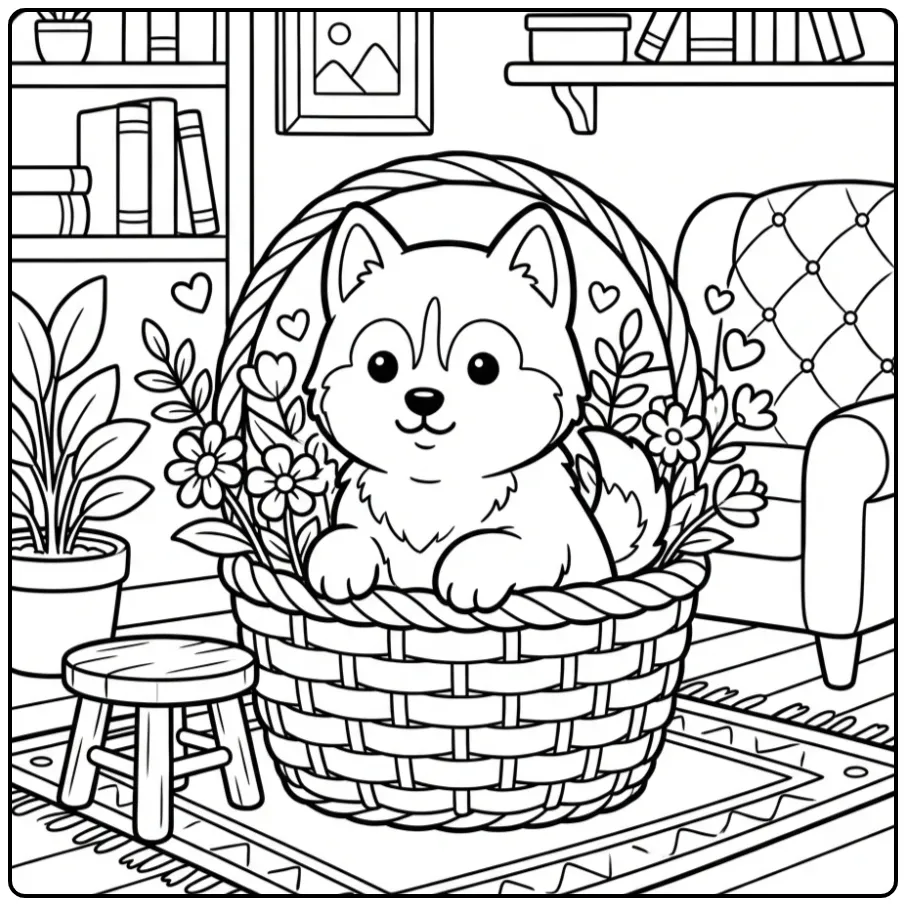 A cute cartoon baby Husky Coloring Page in a floral basket.