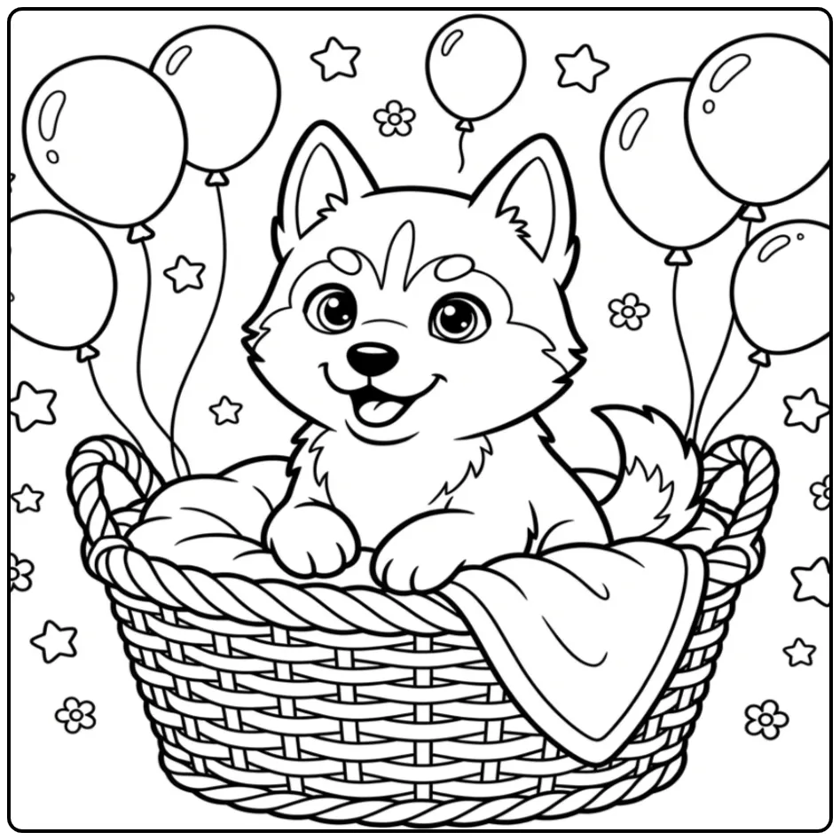 A cute cartoon Baby Husky Coloring Page in a wicker basket.