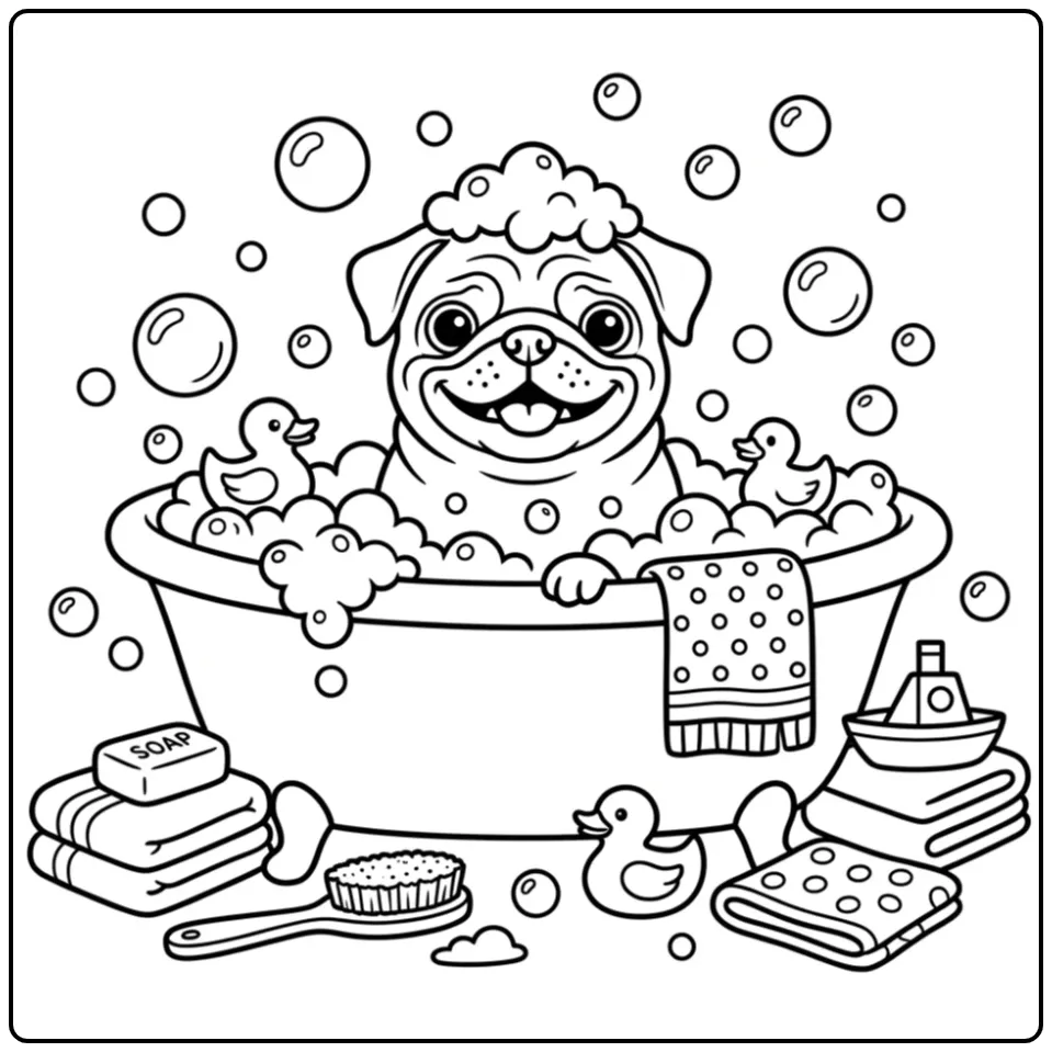 A happy cartoon Pug Coloring Page showing a dog in a bathtub.