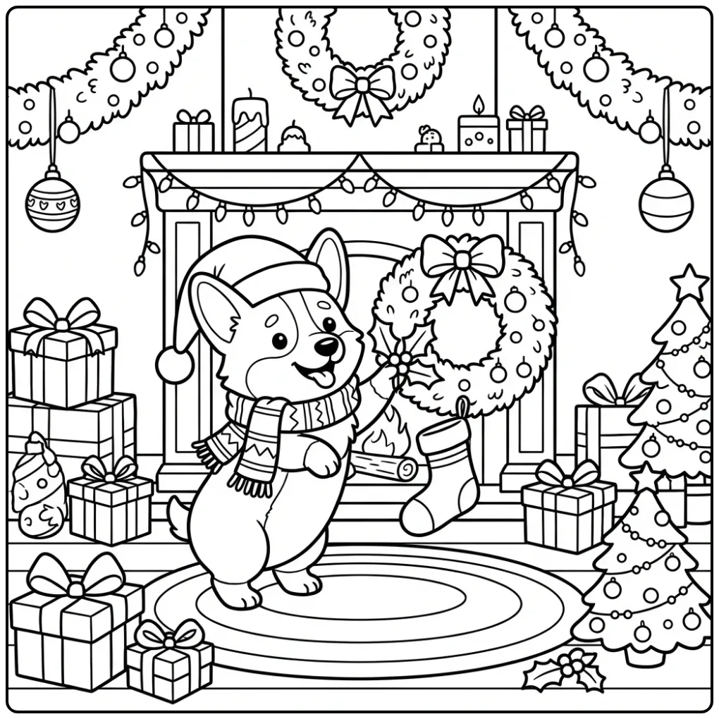A festive Corgi Christmas Coloring Page with a puppy decorating.