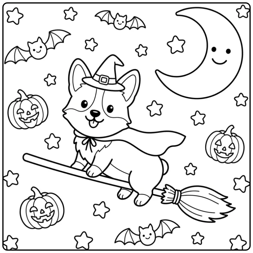 A cute witch Corgi Halloween Coloring Page with a smiling moon.