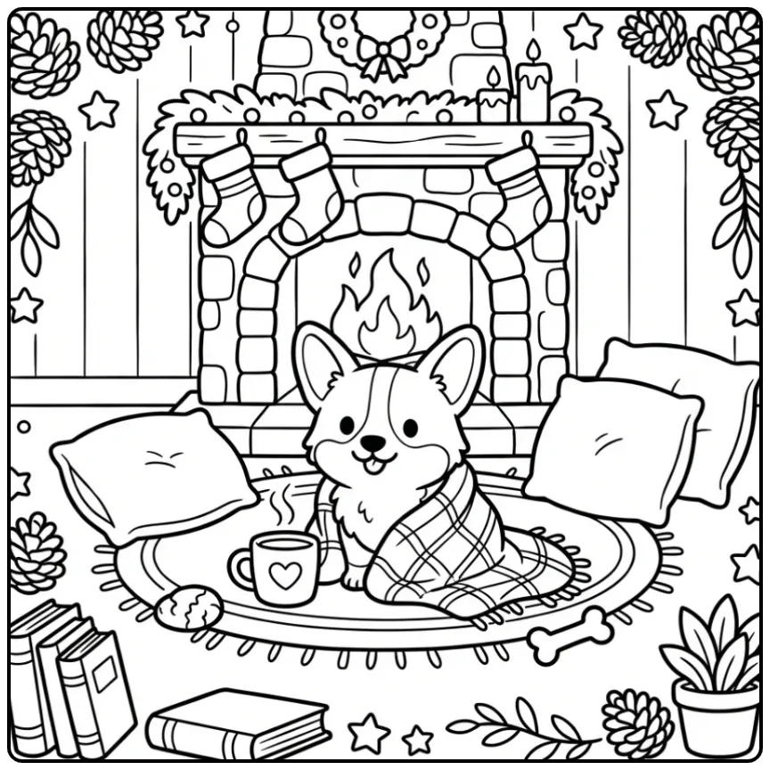 A cozy Corgi Puppy Coloring Page by a warm fireplace scene.