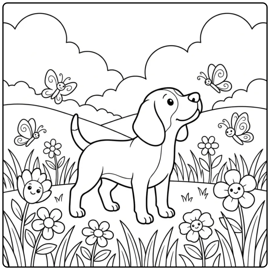A cute cartoon Detailed Beagle Coloring Page in a flower field.