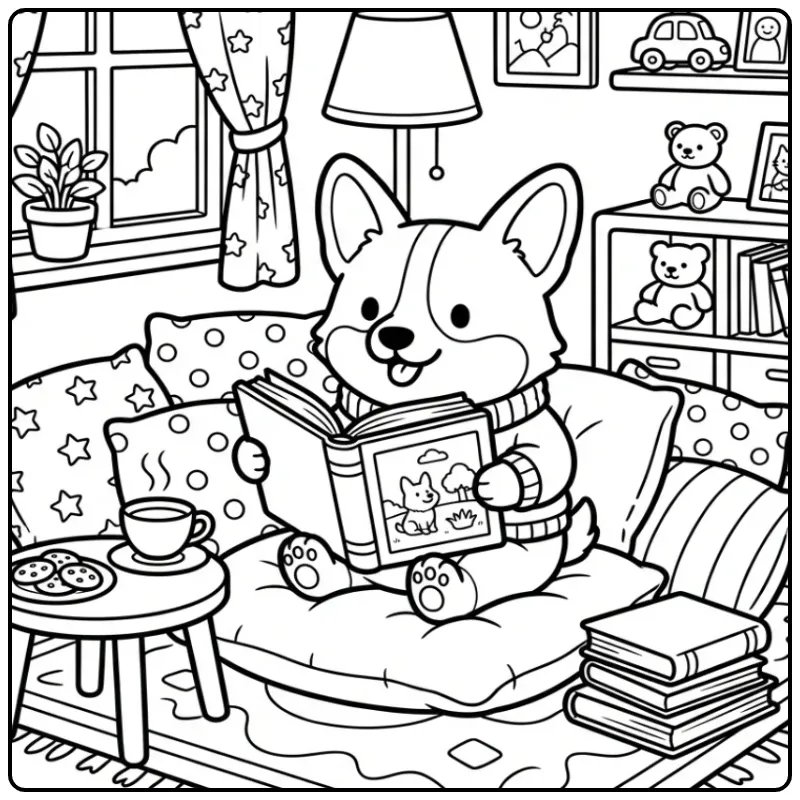 A cozy reading nook Cartoon Corgi Coloring Page for kids.
